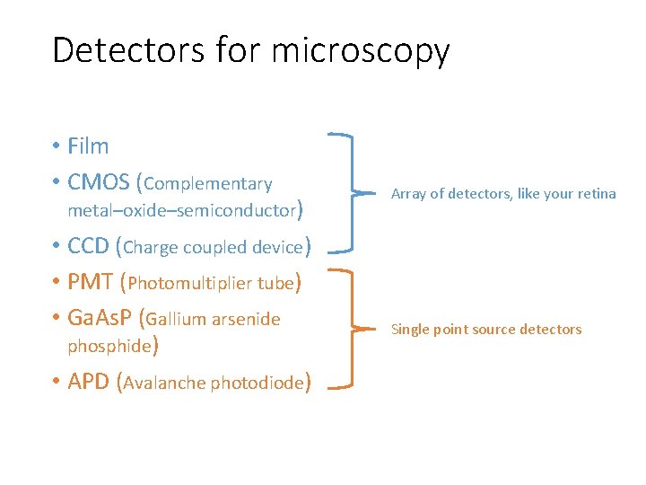 Detectors for microscopy • Film • CMOS (Complementary metal–oxide–semiconductor) • CCD (Charge coupled device) Detectors for microscopy • Film • CMOS (Complementary metal–oxide–semiconductor) • CCD (Charge coupled device)