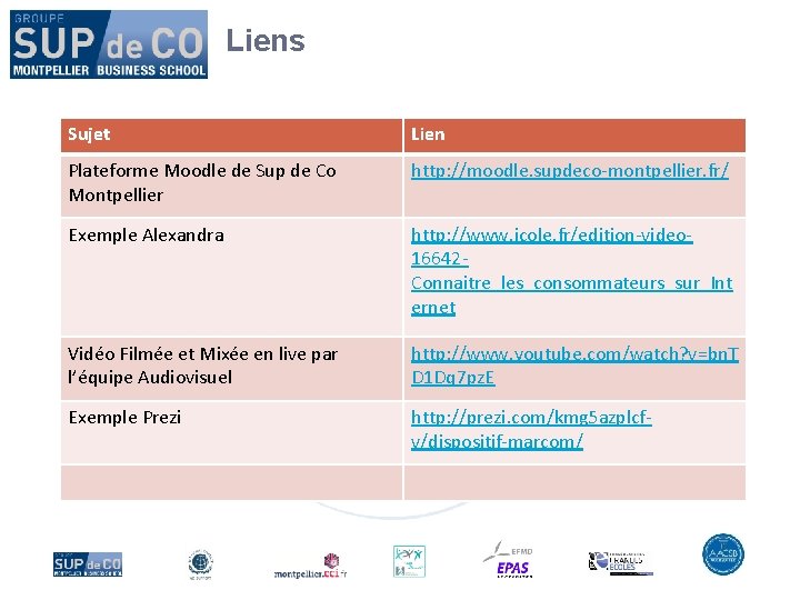 Liens Sujet Lien Plateforme Moodle de Sup de Co Montpellier http: //moodle. supdeco-montpellier. fr/