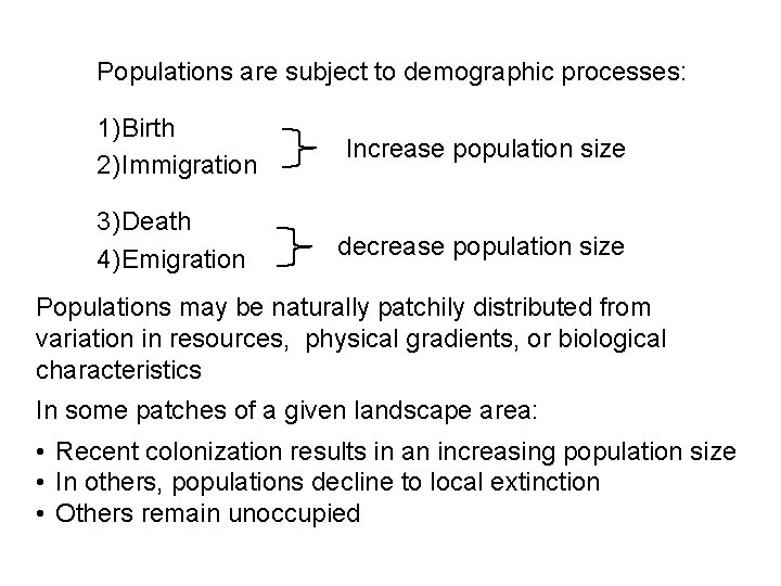 Populations are subject to demographic processes: 1)Birth 2)Immigration Increase population size 3)Death 4)Emigration decrease