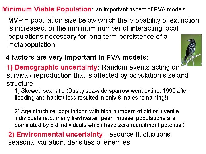 Minimum Viable Population: an important aspect of PVA models MVP = population size below