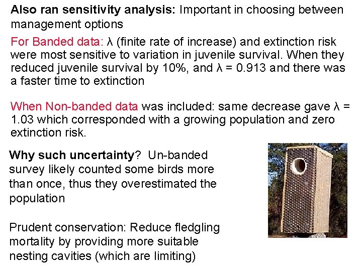Also ran sensitivity analysis: Important in choosing between management options For Banded data: λ