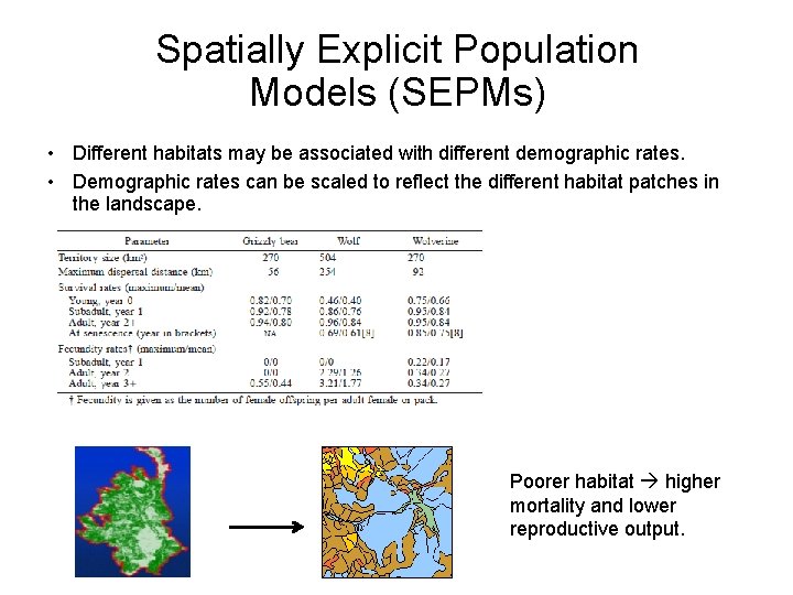 Spatially Explicit Population Models (SEPMs) • Different habitats may be associated with different demographic