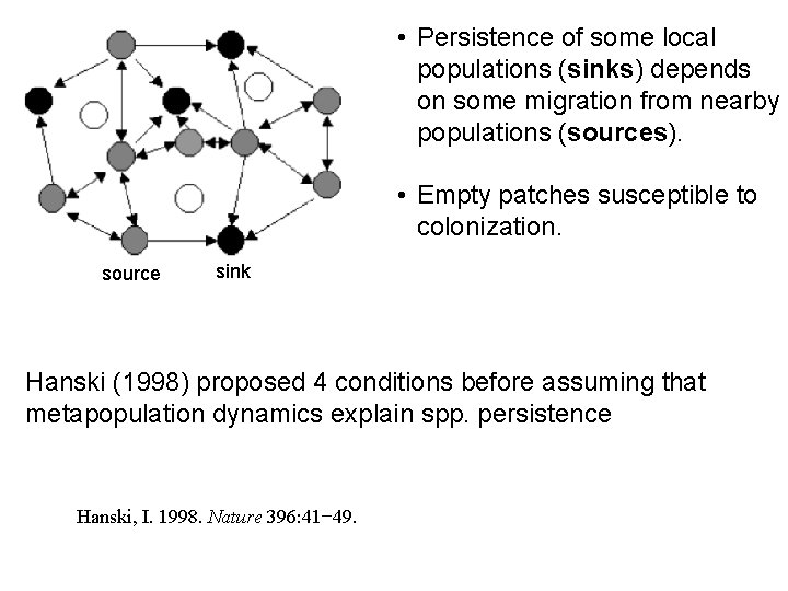  • Persistence of some local populations (sinks) depends on some migration from nearby
