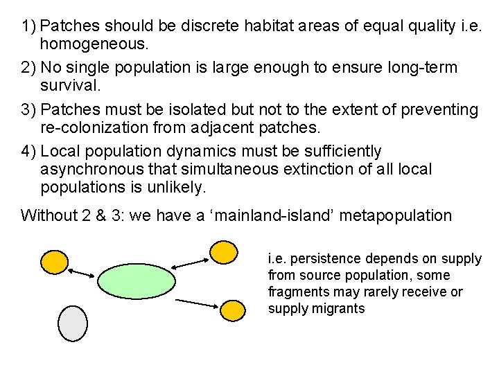 1) Patches should be discrete habitat areas of equality i. e. homogeneous. 2) No