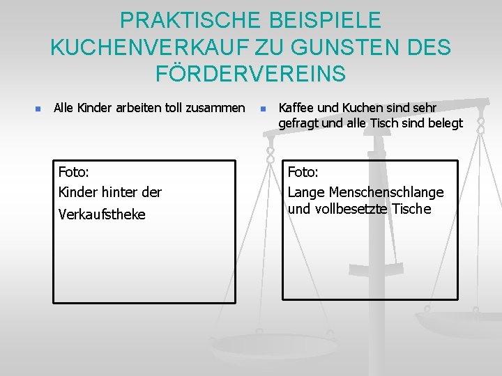 PRAKTISCHE BEISPIELE KUCHENVERKAUF ZU GUNSTEN DES FÖRDERVEREINS n Alle Kinder arbeiten toll zusammen Foto: