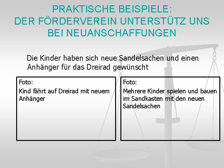 PRAKTISCHE BEISPIELE: DER FÖRDERVEREIN UNTERSTÜTZ UNS BEI NEUANSCHAFFUNGEN Die Kinder haben sich neue Sandelsachen