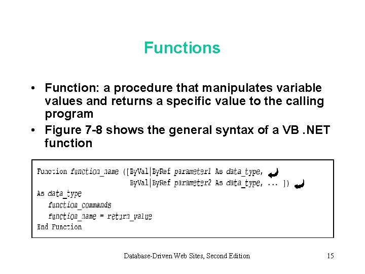 Functions • Function: a procedure that manipulates variable values and returns a specific value Functions • Function: a procedure that manipulates variable values and returns a specific value