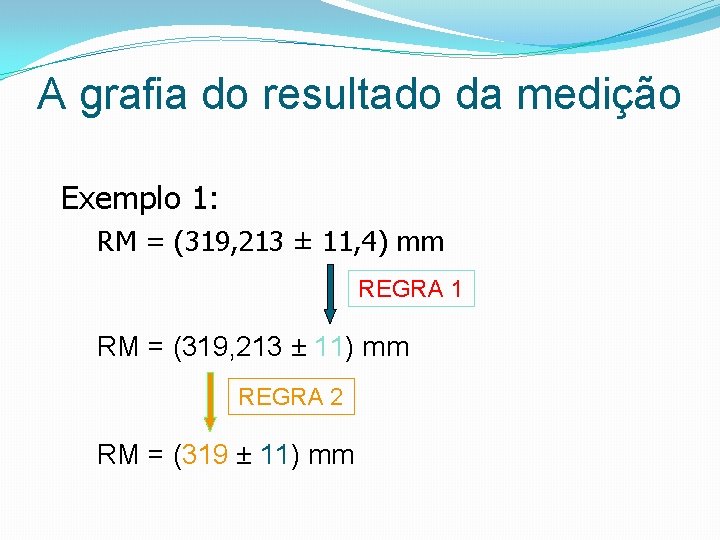 A grafia do resultado da medição Exemplo 1: RM = (319, 213 ± 11,