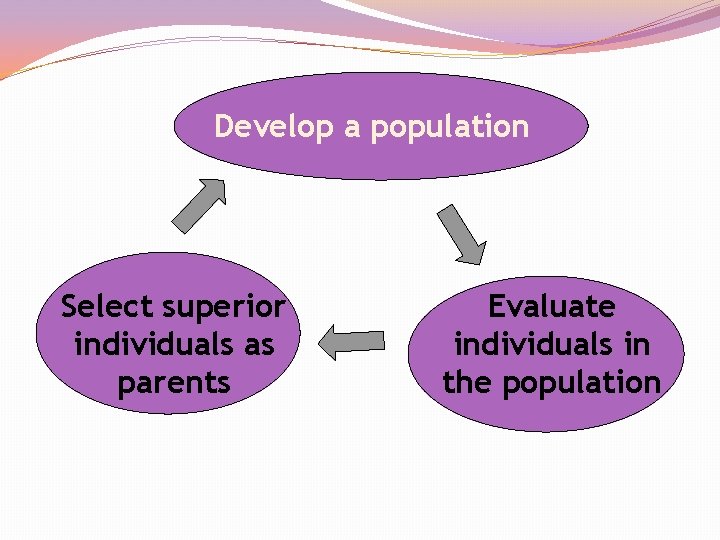 Develop a population Select superior individuals as parents Evaluate individuals in the population Develop a population Select superior individuals as parents Evaluate individuals in the population