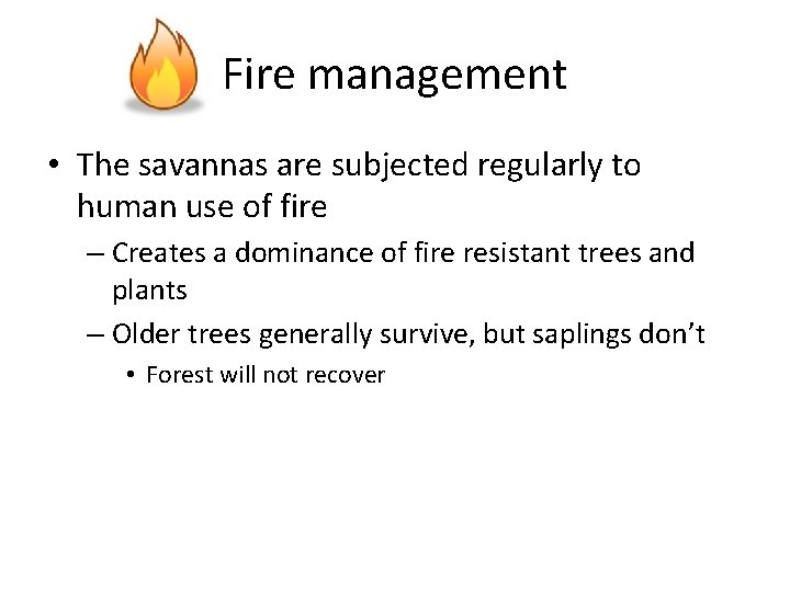 Fire management • The savannas are subjected regularly to human use of fire –