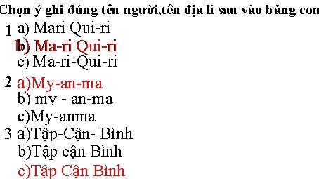 Chọn ý ghi đúng tên người, tên địa lí sau vào bảng con 1