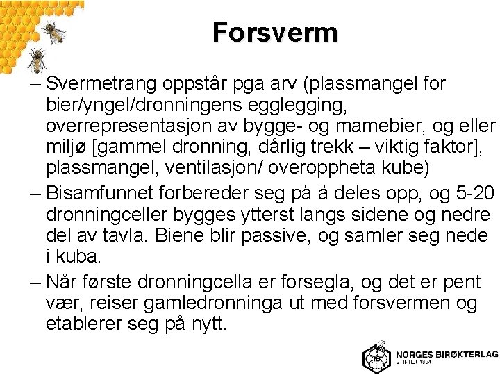 Forsverm – Svermetrang oppstår pga arv (plassmangel for bier/yngel/dronningens egglegging, overrepresentasjon av bygge- og