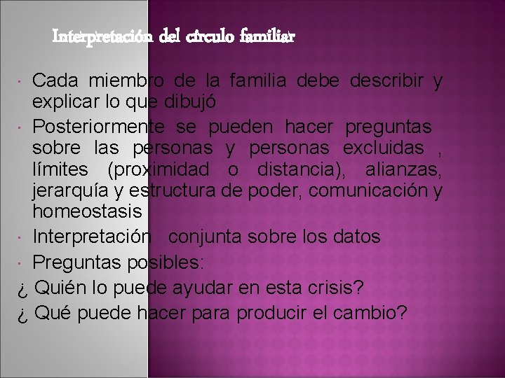 Interpretación del círculo familiar Cada miembro de la familia debe describir y explicar lo