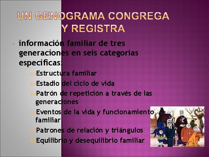  información familiar de tres generaciones en seis categorías específicas: Estructura familiar Estadio del