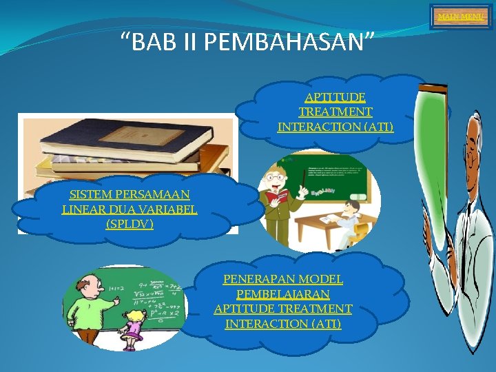 MAIN MENU “BAB II PEMBAHASAN” APTITUDE TREATMENT INTERACTION (ATI) SISTEM PERSAMAAN LINEAR DUA VARIABEL
