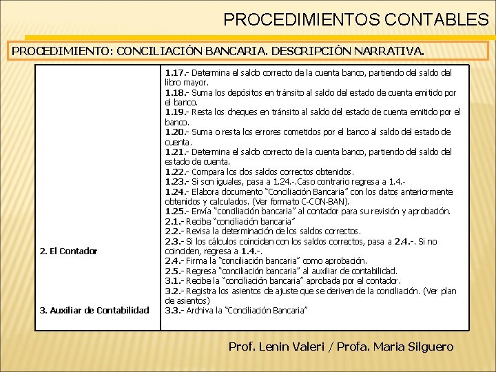 PROCEDIMIENTOS CONTABLES PROCEDIMIENTO: CONCILIACIÓN BANCARIA. DESCRIPCIÓN NARRATIVA. 2. El Contador 3. Auxiliar de Contabilidad