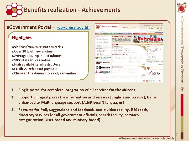 Benefits realization ‐ Achievements e. Government Portal – www. ega. gov. bh Highlights ÷Visitors