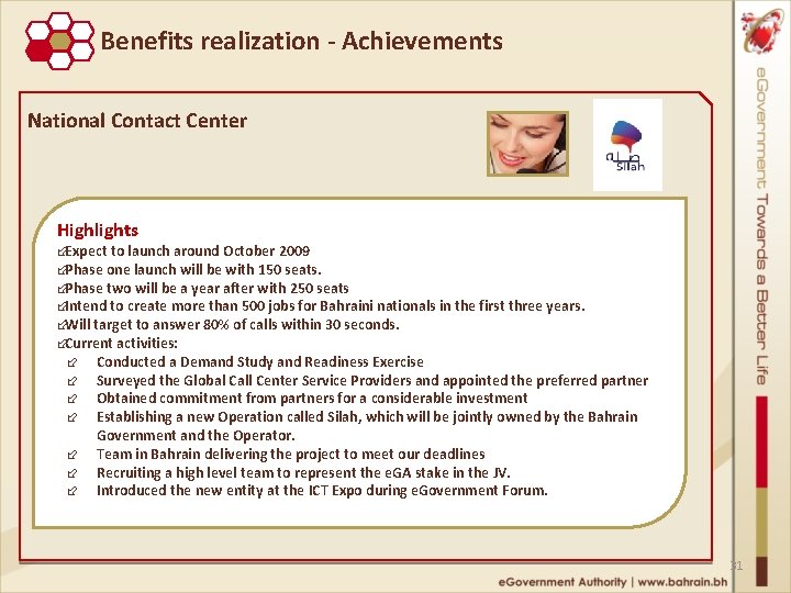 Benefits realization ‐ Achievements National Contact Center Highlights ÷Expect to launch around October 2009