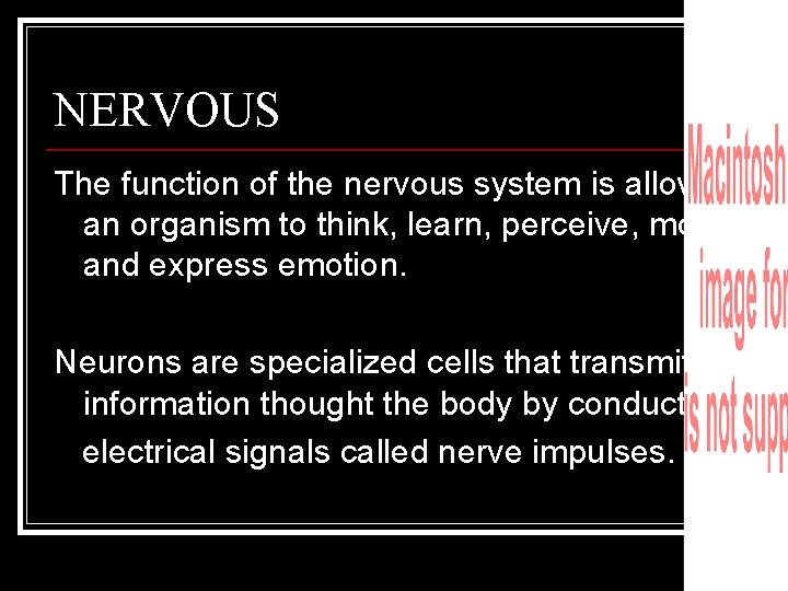 NERVOUS The function of the nervous system is allow an organism to think, learn,