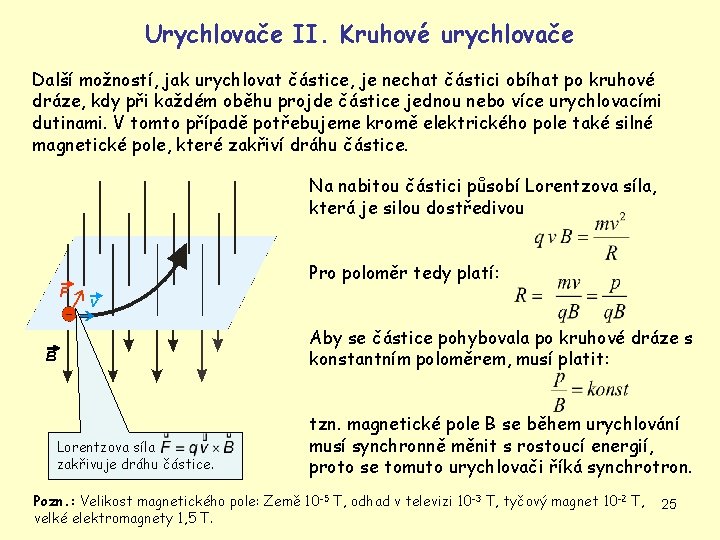 Urychlovače II. Kruhové urychlovače Další možností, jak urychlovat částice, je nechat částici obíhat po