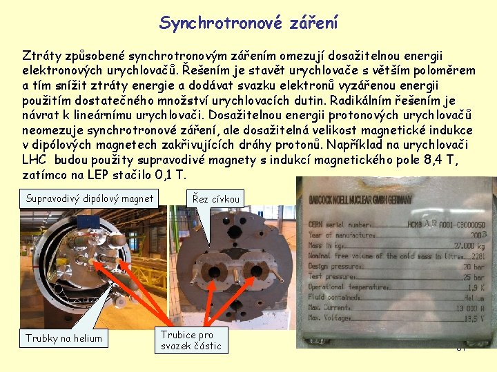 Synchrotronové záření Ztráty způsobené synchrotronovým zářením omezují dosažitelnou energii elektronových urychlovačů. Řešením je stavět