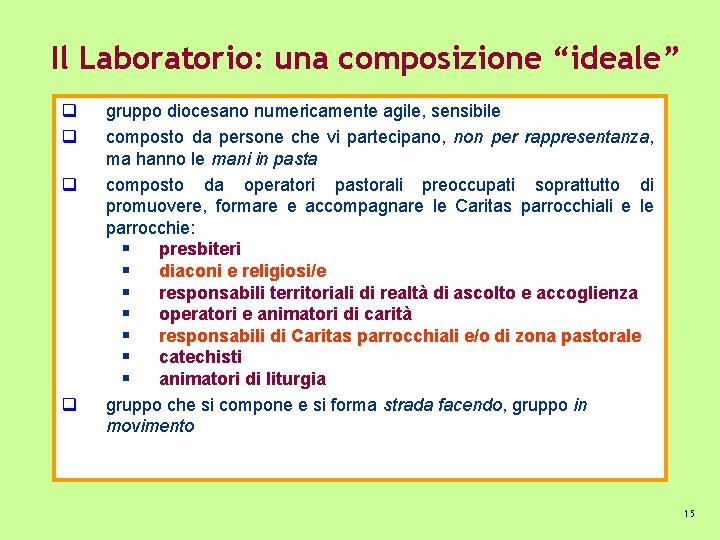 Il Laboratorio: una composizione “ideale” q q gruppo diocesano numericamente agile, sensibile composto da