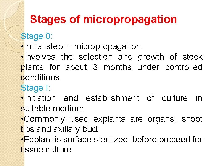 Stages of micropropagation Stage 0: • Initial step in micropropagation. • Involves the selection