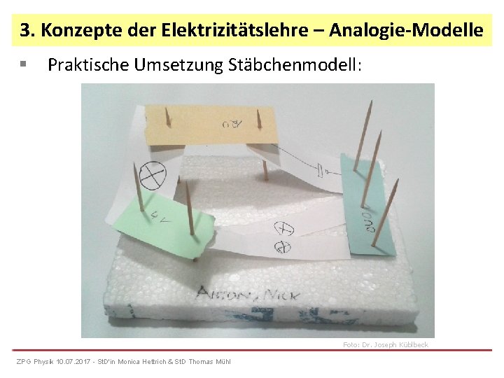 3. Konzepte der Elektrizitätslehre – Analogie-Modelle Praktische Umsetzung Stäbchenmodell: Foto: Dr. Joseph Küblbeck ZPG