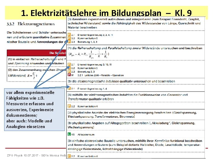 1. Elektrizitätslehre im Bildungsplan – Kl. 9 vor allem experimentelle Fähigkeiten wie z. B.