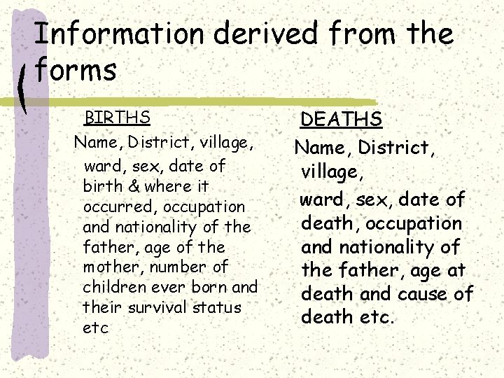 Information derived from the forms BIRTHS Name, District, village, ward, sex, date of birth