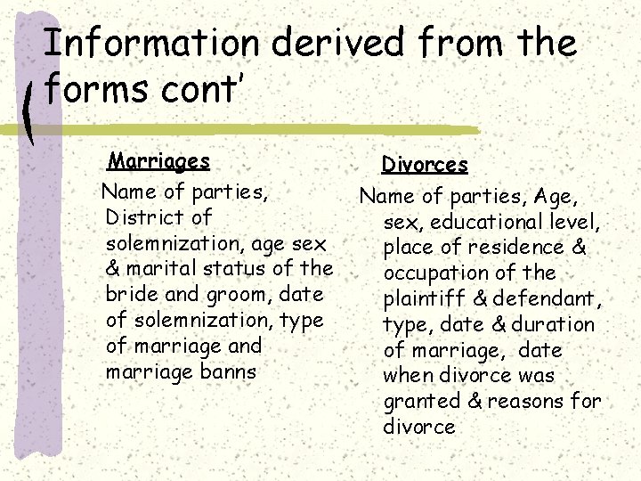 Information derived from the forms cont’ Marriages Name of parties, District of solemnization, age