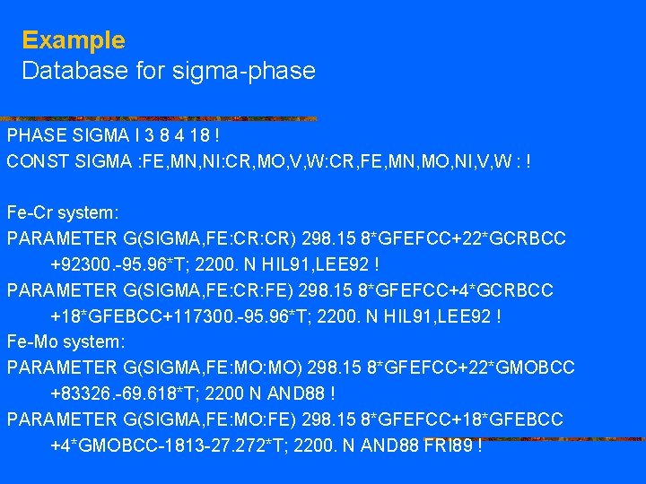 Example Database for sigma-phase PHASE SIGMA I 3 8 4 18 ! CONST SIGMA