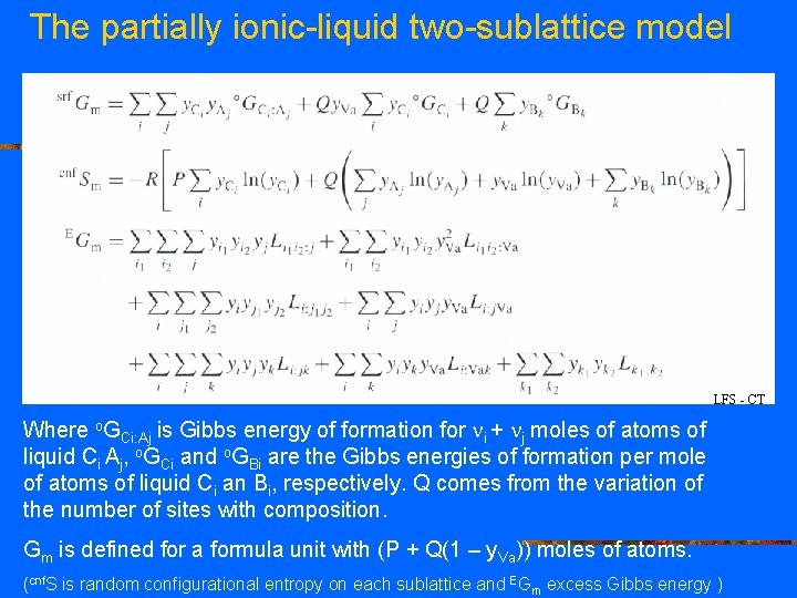 The partially ionic-liquid two-sublattice model LFS - CT Where o. GCi: Aj is Gibbs