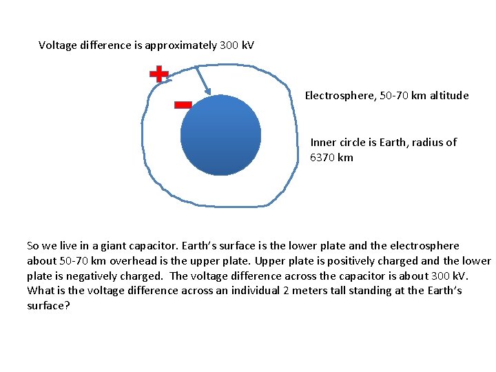 Voltage difference is approximately 300 k. V Electrosphere, 50 -70 km altitude Inner circle