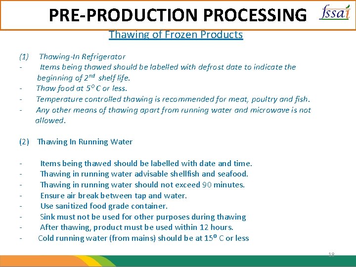 PRE-PRODUCTION PROCESSING Thawing of Frozen Products (1) - - Thawing-In Refrigerator Items being thawed