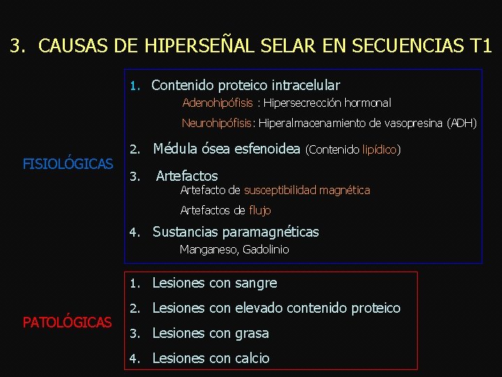 3. CAUSAS DE HIPERSEÑAL SELAR EN SECUENCIAS T 1 1. Contenido proteico intracelular Adenohipófisis