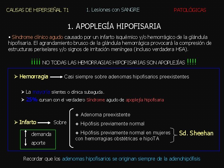 1. Lesiones con SANGRE CAUSAS DE HIPERSEÑAL T 1 PATOLÓGICAS 1. APOPLEGÍA HIPOFISARIA •