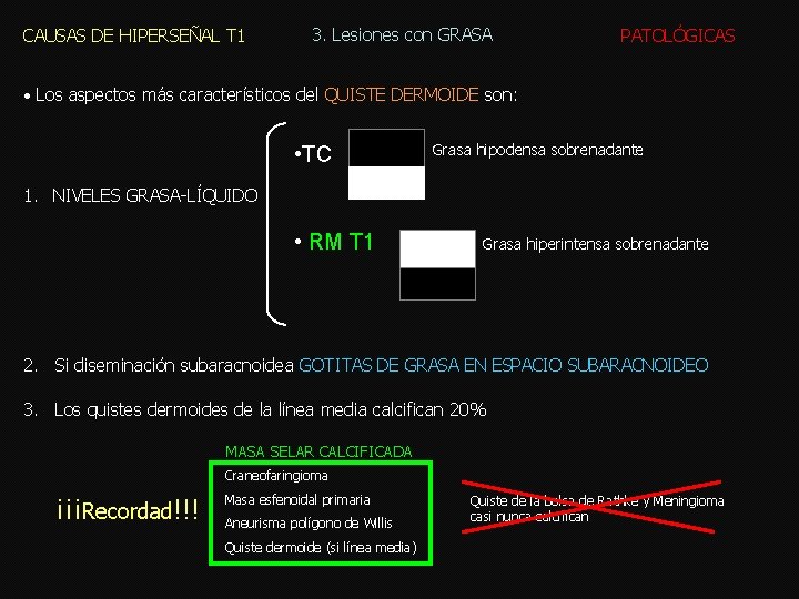 CAUSAS DE HIPERSEÑAL T 1 3. Lesiones con GRASA PATOLÓGICAS • Los aspectos más