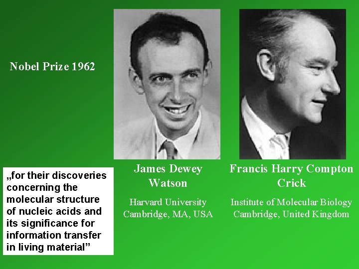 Nobel Prize 1962 „for their discoveries concerning the molecular structure of nucleic acids and