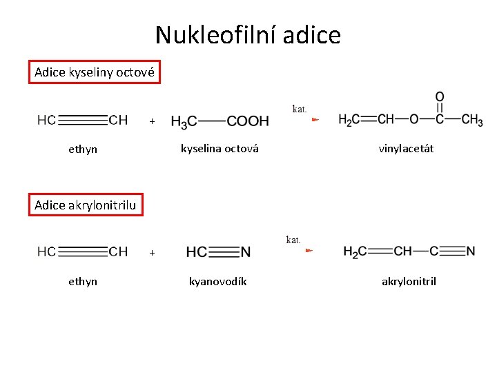 Nukleofilní adice Adice kyseliny octové + ethyn kyselina octová vinylacetát kyanovodík akrylonitril Adice akrylonitrilu