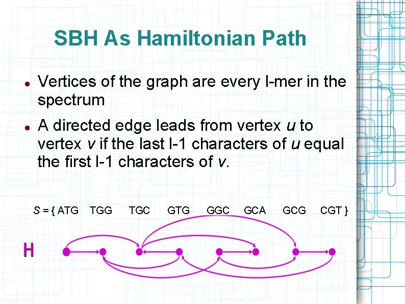 SBH As Hamiltonian Path Vertices of the graph are every l-mer in the spectrum