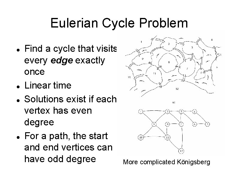 Eulerian Cycle Problem Find a cycle that visits every edge exactly once Linear time