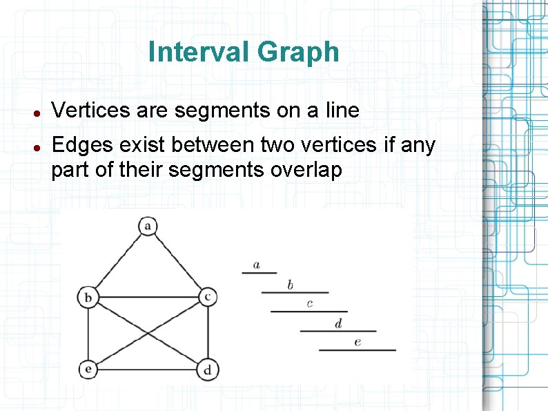 Interval Graph Vertices are segments on a line Edges exist between two vertices if