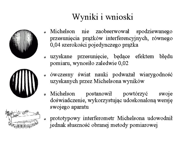 Wyniki i wnioski Michelson nie zaobserwował spodziewanego przesunięcia prążków interferencyjnych, równego 0, 04 szerokości