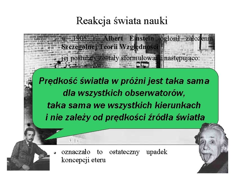 Reakcja świata nauki w 1905 r. Albert Einstein ogłosił założenia Szczególnej Teorii Względności jej