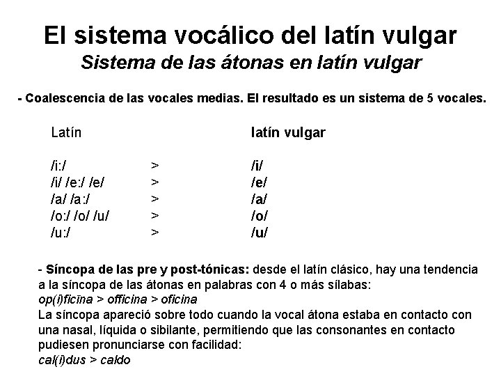 El sistema vocálico del latín vulgar Sistema de las átonas en latín vulgar -