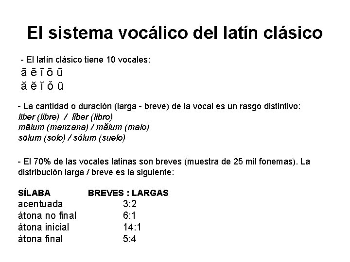 El sistema vocálico del latín clásico - El latín clásico tiene 10 vocales: āēīōū