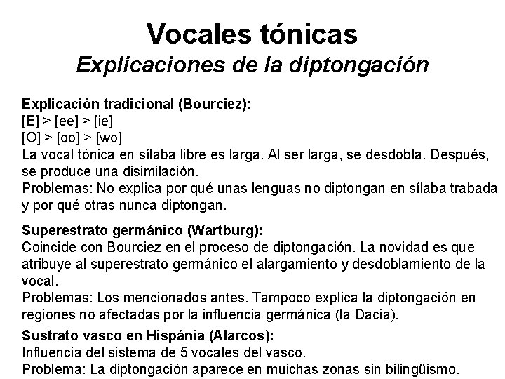 Vocales tónicas Explicaciones de la diptongación Explicación tradicional (Bourciez): [E] > [ee] > [ie]