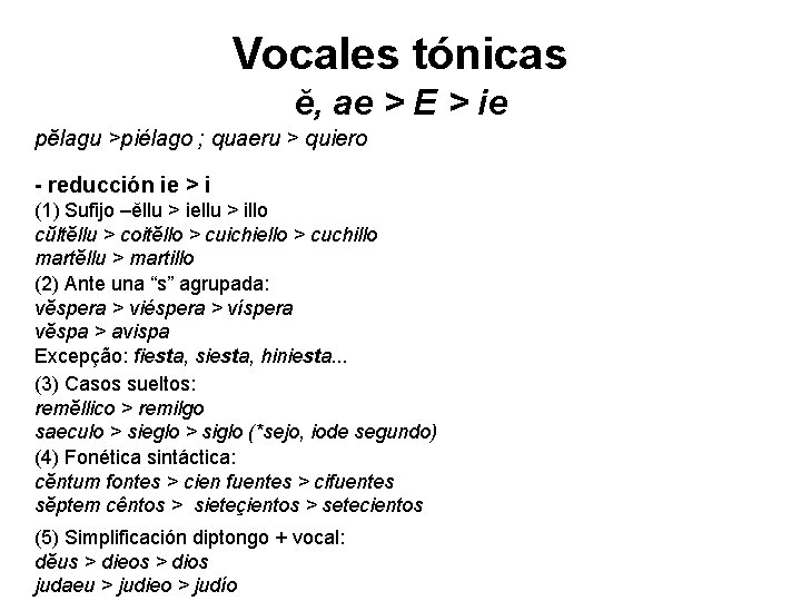 Vocales tónicas ĕ, ae > E > ie pĕlagu >piélago ; quaeru > quiero