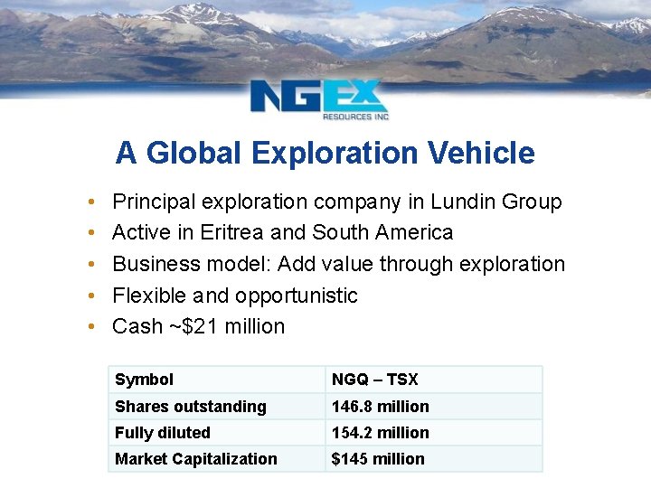 A Global Exploration Vehicle • • • Principal exploration company in Lundin Group Active